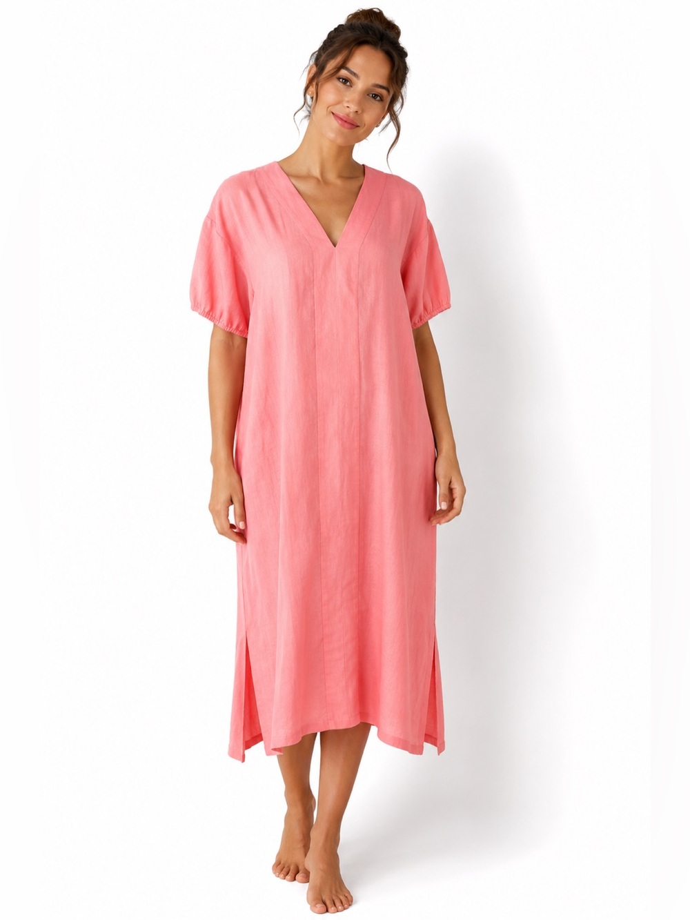 LAKE 100% Cotton Coral Pink V-Neck Puff Sleeve Nightgown NWT Size Small